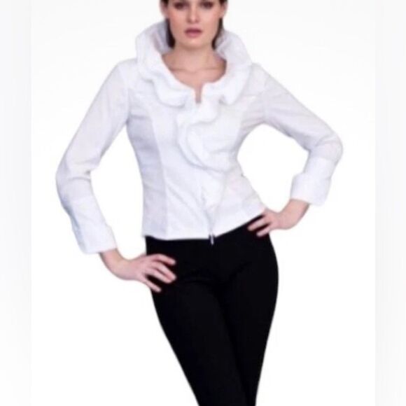 Samuel Dong White Wired Ruffled Collar Long Sleeve Zip Front Blouse Size M - Picture 1 of 9